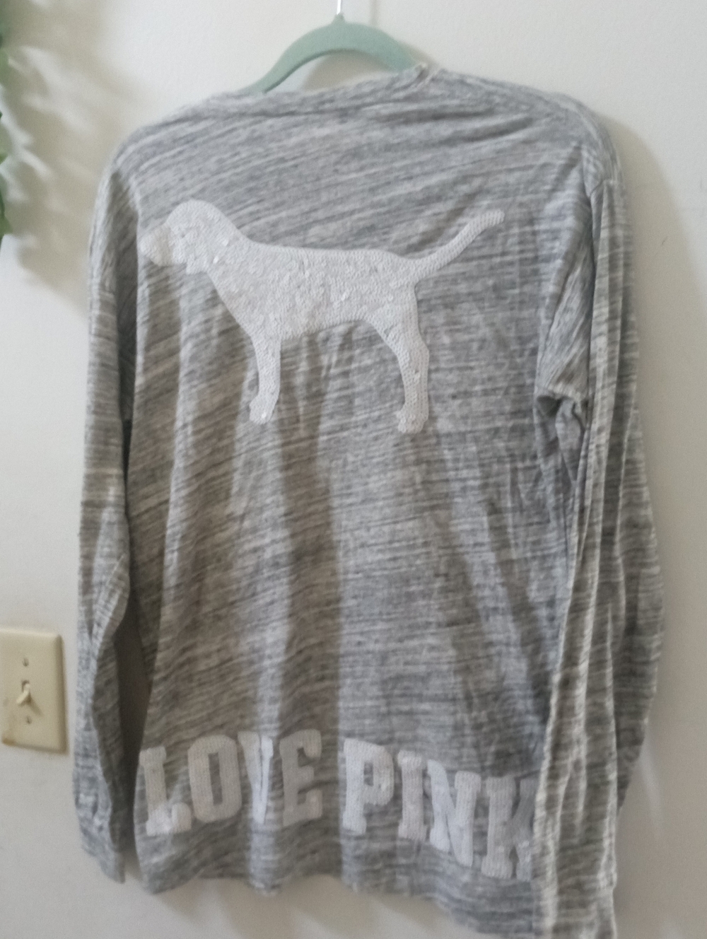 PINK Victoria's Secret Gray Long-Sleeve Top with Bling Dog Applique